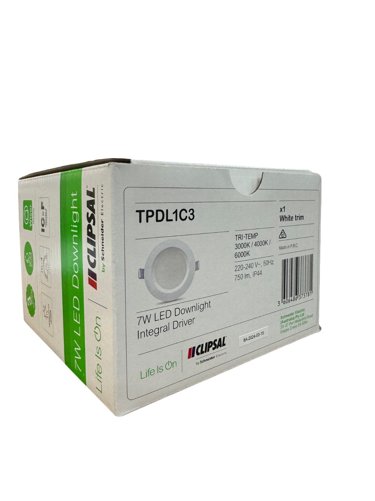 Clipsal 7W Tri-Colour Dimmable LED Downlight Kit 90mm Cutout 6 Pack - TPDL1C3