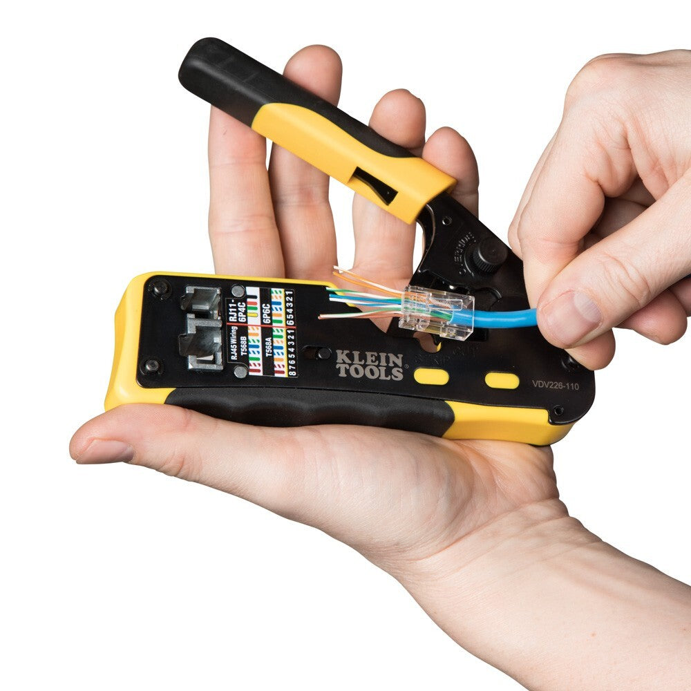 KLEIN TOOLS A-VDV226-110 Pass Thru RJ45 Racheting Compact Crimp Tool, Yellow/Blk