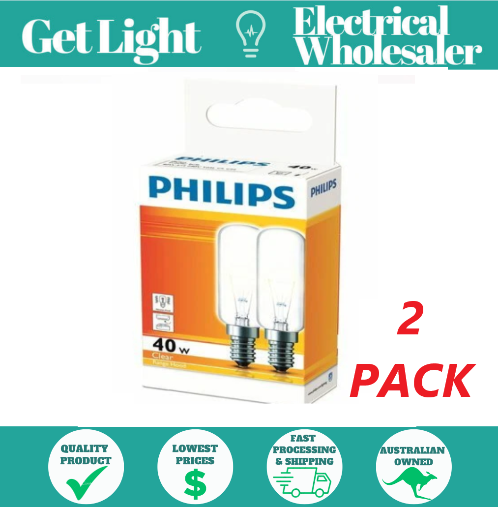 Rangehood - Fridge Light Globe Lamp Bulb - Philips 40w E14/SES Clear T25 2 PACK
