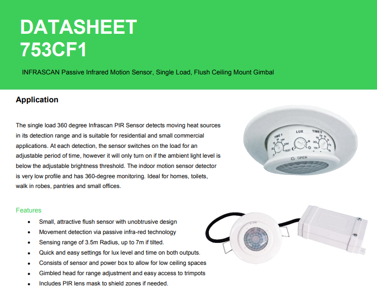 Clipsal 753CF1 Infrascan PIR Sensor - 240V AC 360° 3-Wire Gimbled Head