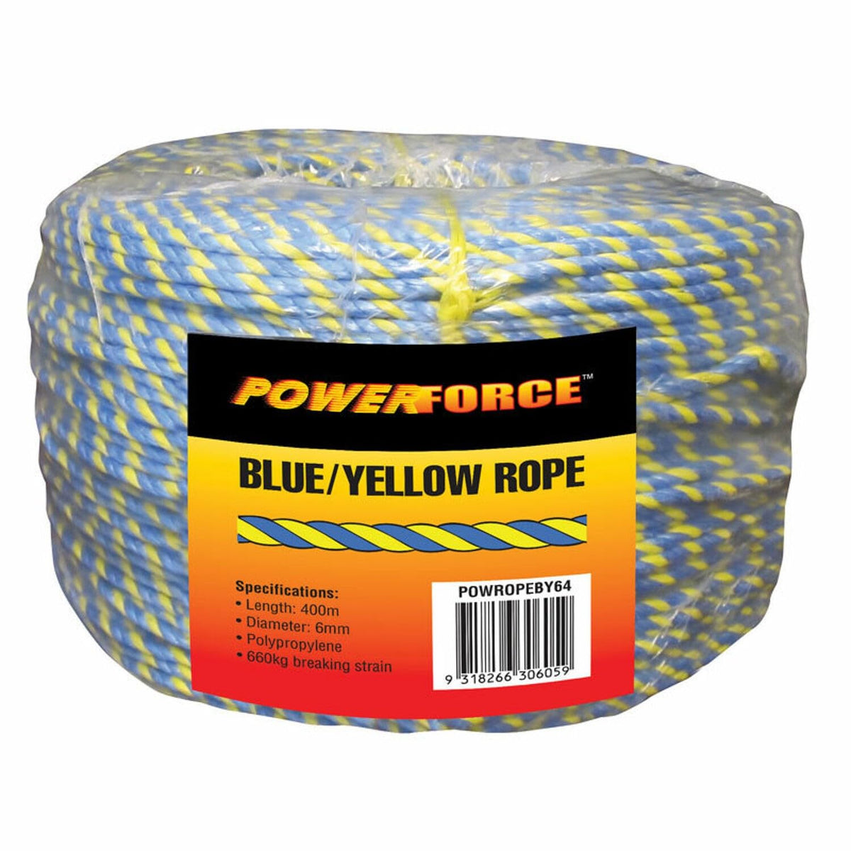 Powerforce Rope, 6 mm Diameter x 400 Meter Length, Blue/Yellow