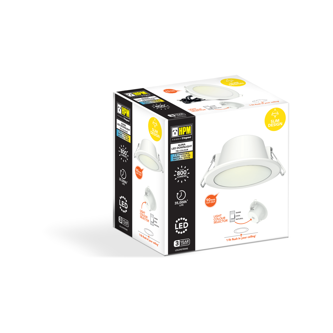 HPM DOWNLIGHT - LDLE90TRIWE - Tri-Colour - LED - 90mm Cut Out - Flex & Plug