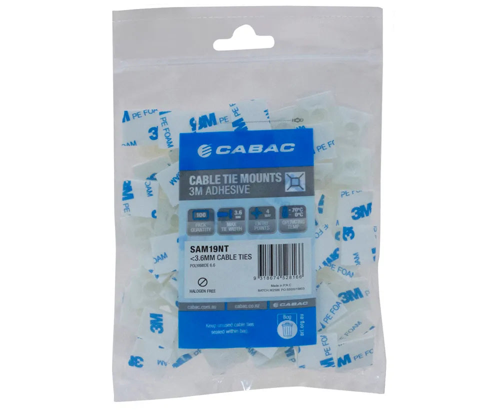 Cabac SAM19NT Cable Tie Mount 3M Adhesive 19mm Max 3.6mm White 100 Pack