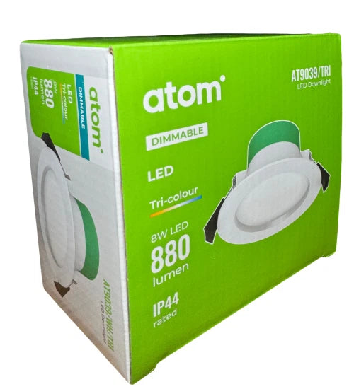 Atom Downlight AT9039/WH/TRI - 8W 880Lm Dimmable LED Tri colour 90mm - Recessed