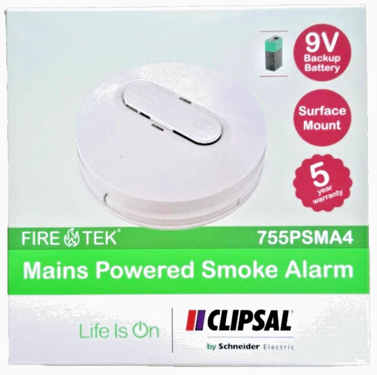 Clipsal Smoke Alarm 755PSMA4 Mains Powered Photoelectric Smoke Alarm 240v + 9v Battery Back up