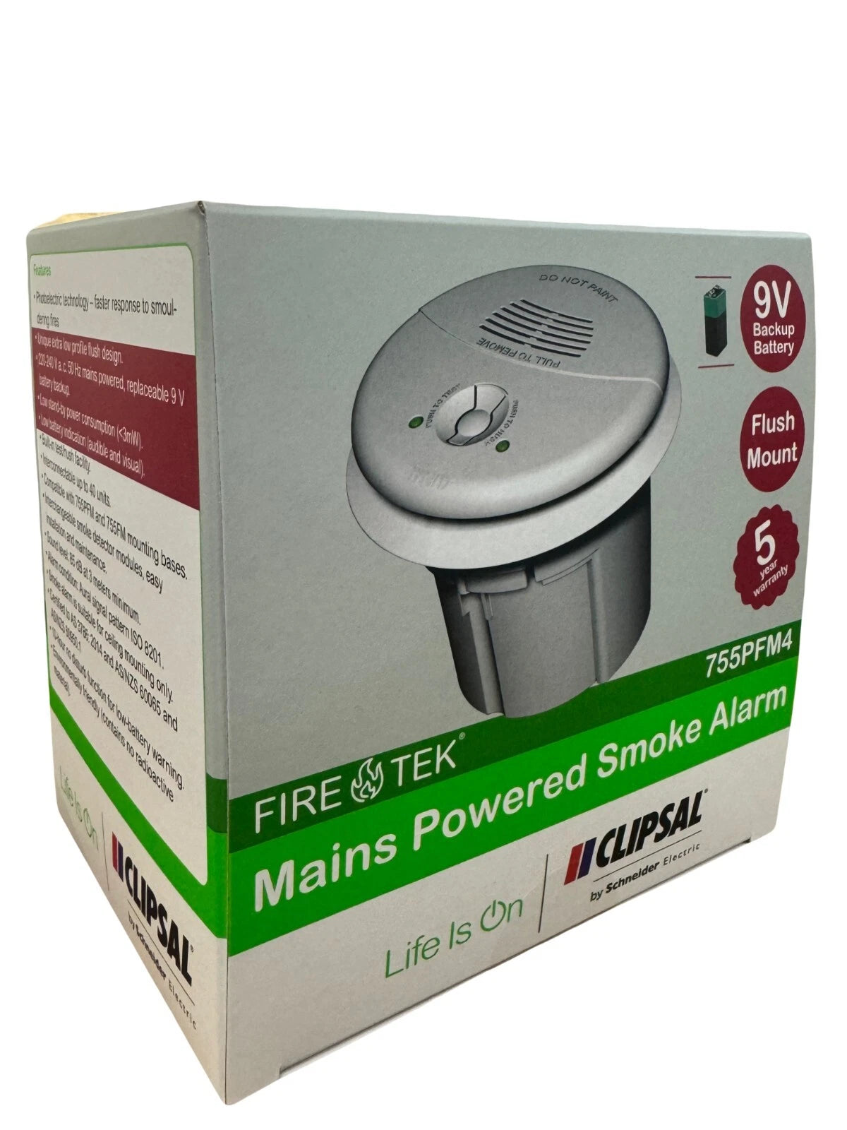 Clipsal Flush Smoke Alarm 755PFM4 - Flush Mount 240V Smoke Detector + 9v Battery Backup