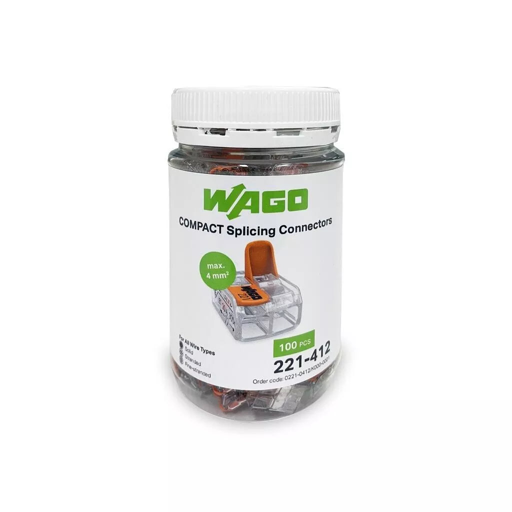 Wago 221-412 - 4mm² 2-Way Compact Splicing Connectors - Jar 100 Pieces