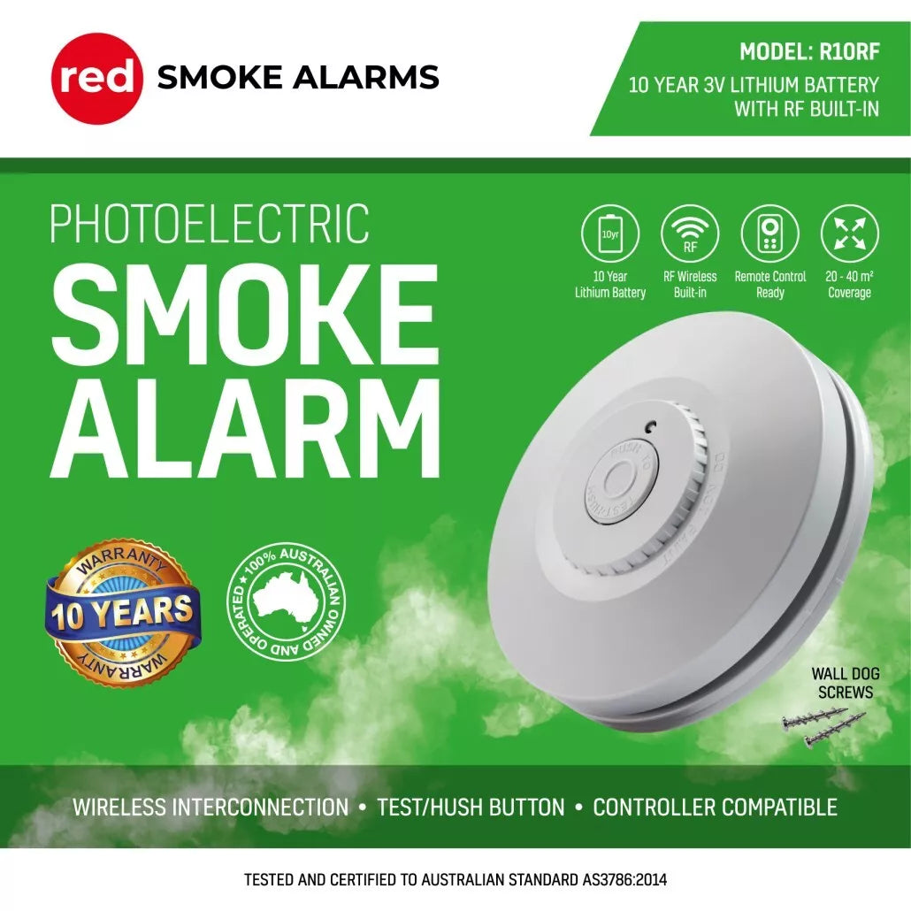 Red Smoke Alarms R10RF - Photoelectric RF Wireless smoke alarm - 10 year sealed Lithium Battery