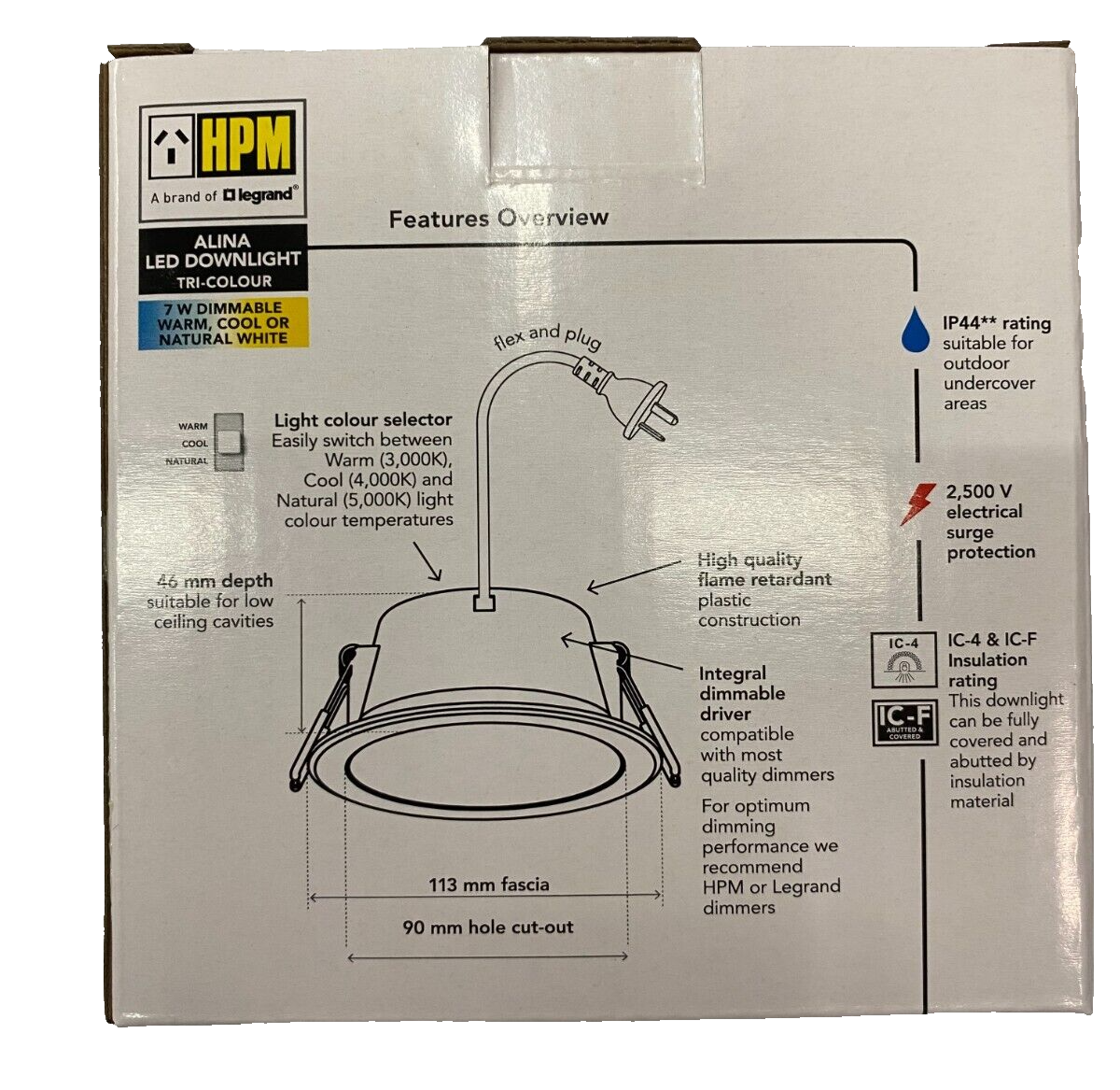 40 PACK - HPM DOWNLIGHT - LDLE90TRIWE Tri-Colour - LED - 90mm Cut Out Flex&Plug