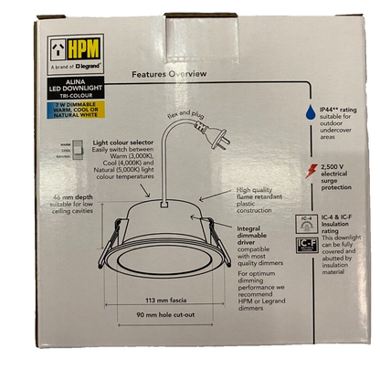 40 PACK - HPM DOWNLIGHT - LDLE90TRIWE Tri-Colour - LED - 90mm Cut Out Flex&Plug