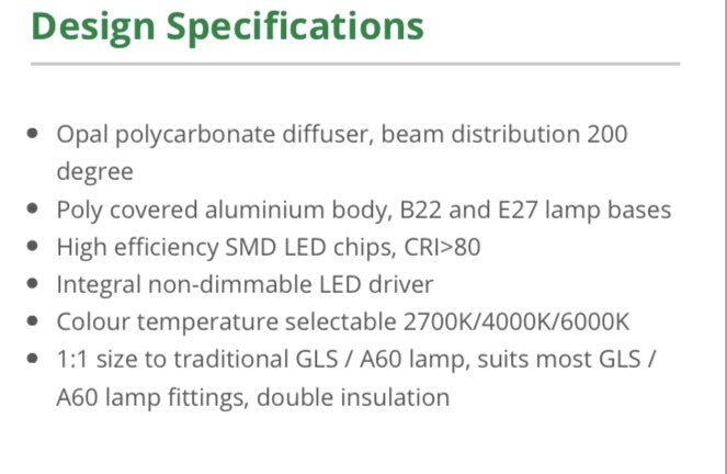 SAL OPAL LGS10TC - 10W/E27 LED SMD GLS STYLE TRICOLOR SELECTABLE QTY 20