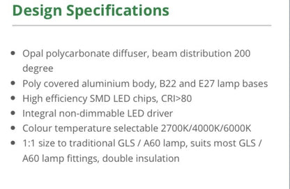SAL OPAL LGS10TC - 10W/E27 LED SMD GLS STYLE TRICOLOR SELECTABLE QTY 20