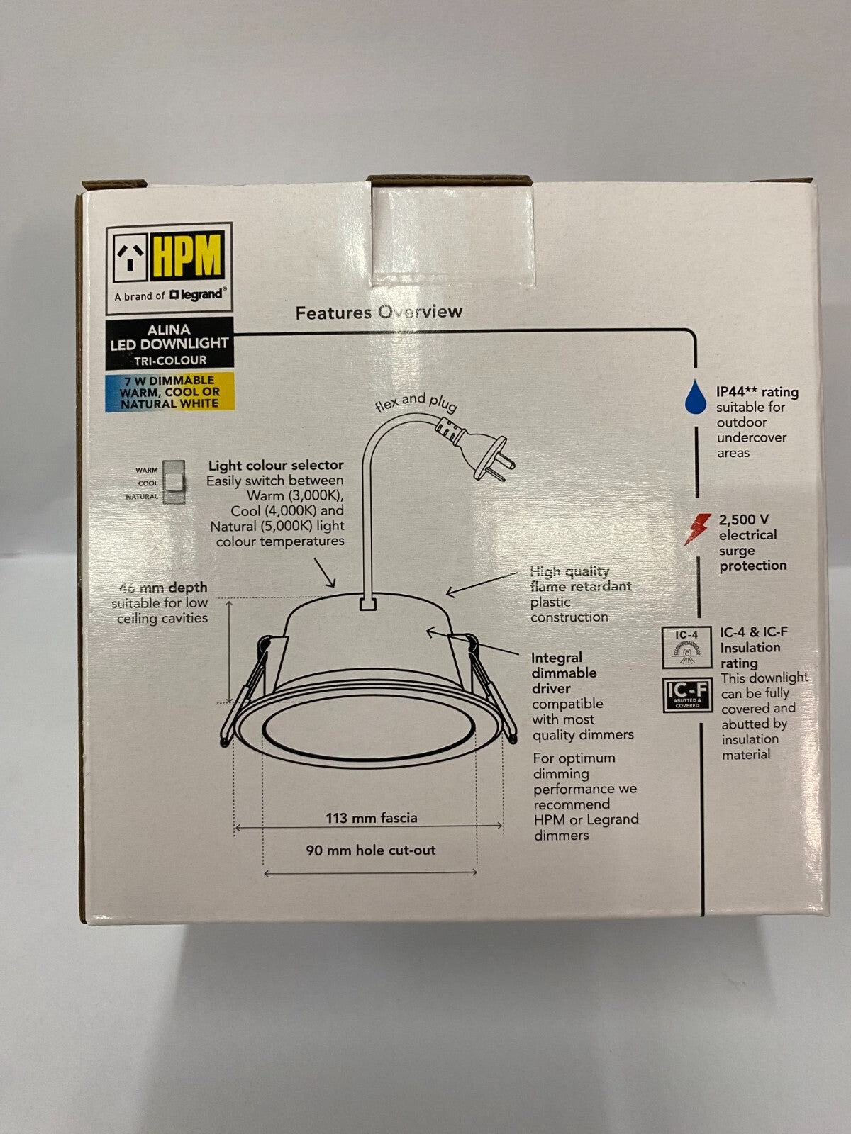 24 PACK - HPM DOWNLIGHT - LDLE90TRIWE Tri-Colour - LED - 90mm Cut Out Flex&Plug