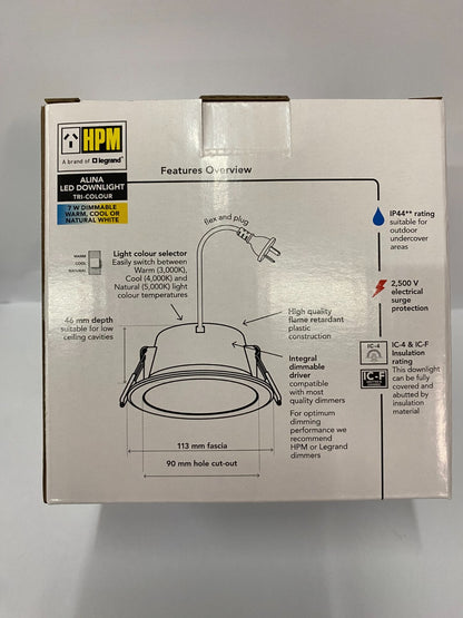 24 PACK - HPM DOWNLIGHT - LDLE90TRIWE Tri-Colour - LED - 90mm Cut Out Flex&Plug