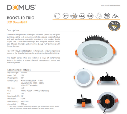 Domus 20726 Boost 10W LED 90mm Downlight Tri Colour Recessed Dimmable  Flex&plug