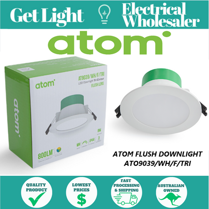 Atom Downlight 8 Watt 90mm Dimmable White AT9039/WH/F/TRI                  FLUSH