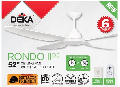 Deka Rondo II DC White 4 Blade Ceiling Fan 52"  With Light Remote & wall Control