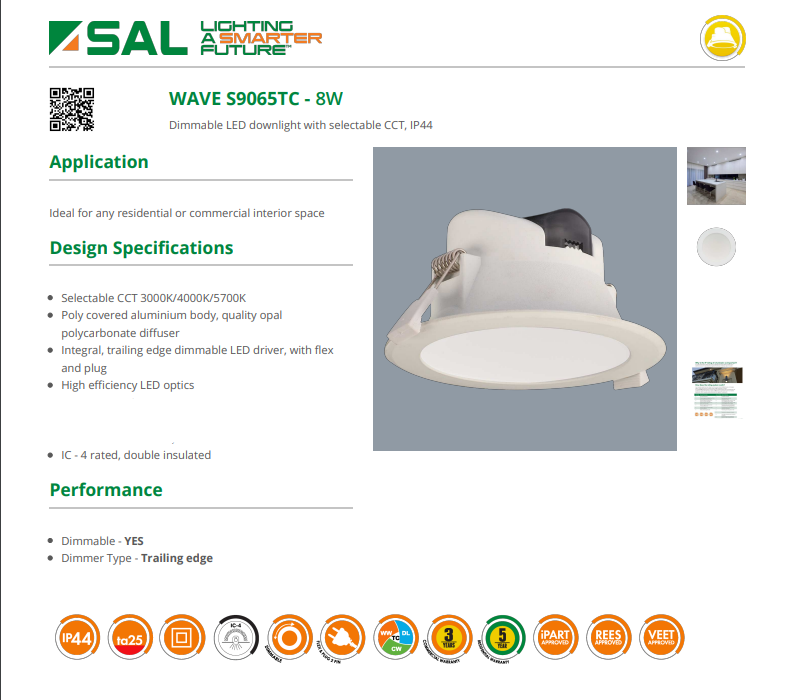 SAL WAVE - S9065TC - 9W Tri-Colour Dimmable LED Downlight Kit 90mm Cutout