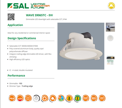 SAL WAVE - S9065TC - 9W Tri-Colour Dimmable LED Downlight Kit 90mm Cutout