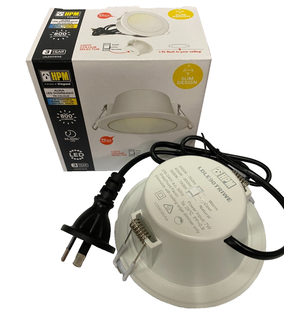 10 PACK - HPM DOWNLIGHT - LDLE90TRIWE Tri-Colour - LED - 90mm Cut Out Flex&Plug