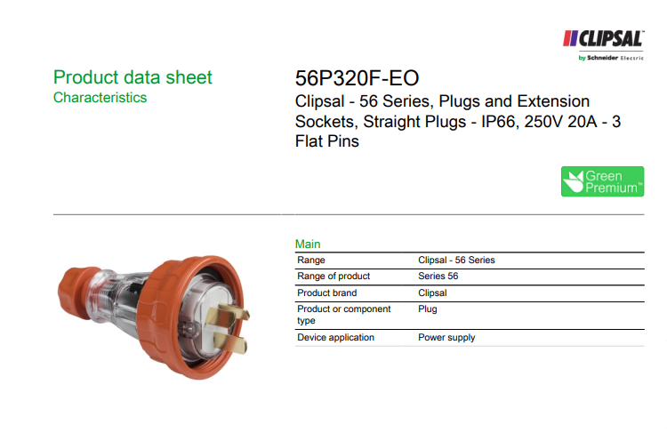 Clipsal 56 Series Flat 3 Pin 20A Straight Plug Electric Orange | 56P320F-EO