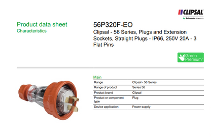 Clipsal 56 Series Flat 3 Pin 20A Straight Plug Electric Orange | 56P320F-EO