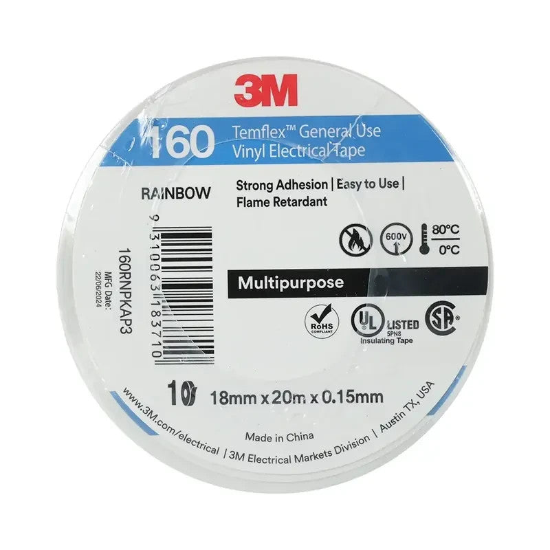 3M 160RNPKAP3 - Vinyl Electrical Insulation Tape Rainbow 18mm x 0.15mm x 20m