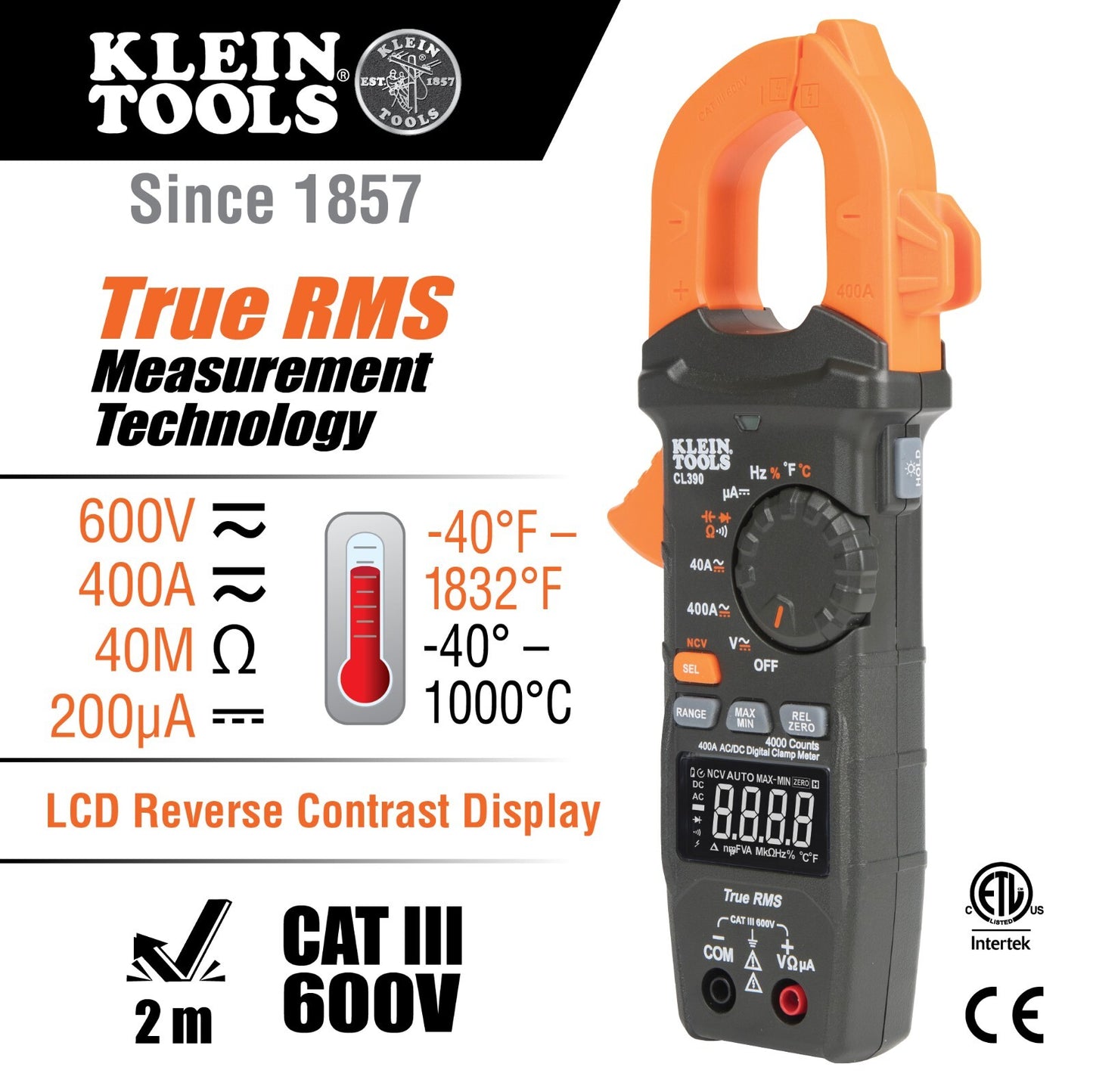 Klein Tools AC/DC Digital Clamp Meter 400 amp Auto Ranging - CL390