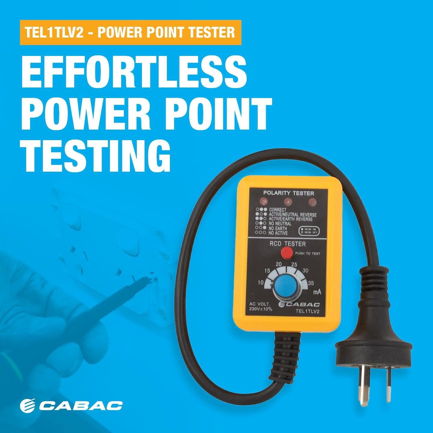 Cabac PowerPoint/GPO Tester - TEL1TLV2 + Safety Earth Leakage RCD TRIP