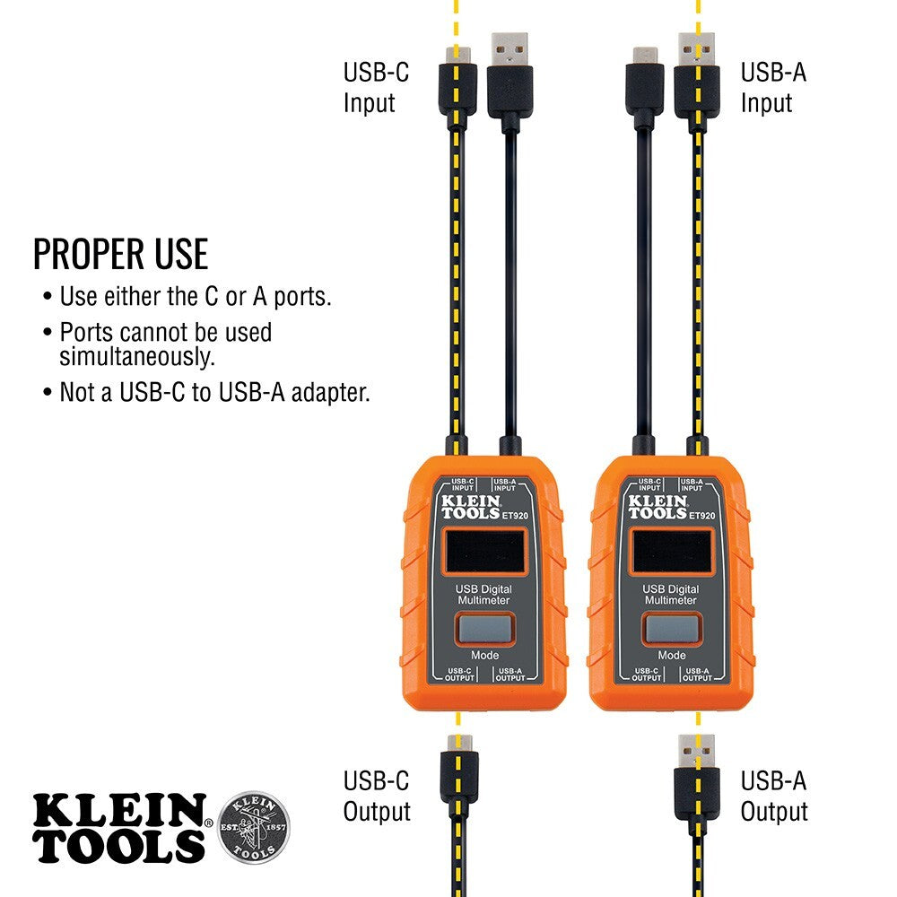 KLEIN TOOLS ET920 USB-A USB-C Digital Voltage Current Power Meter