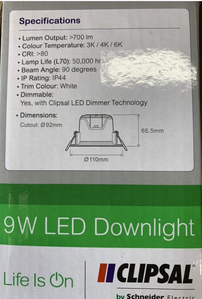 45 X Clipsal TPDL1C1 9W LED Downlight 3000K/4000K/6000K White Trim