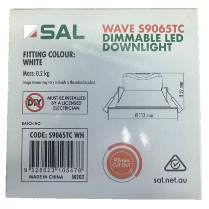 10 Pack - SAL Wave S9065TC 9w Tri-Colour Dimmable LED Downlight Kit 90mm Cutout