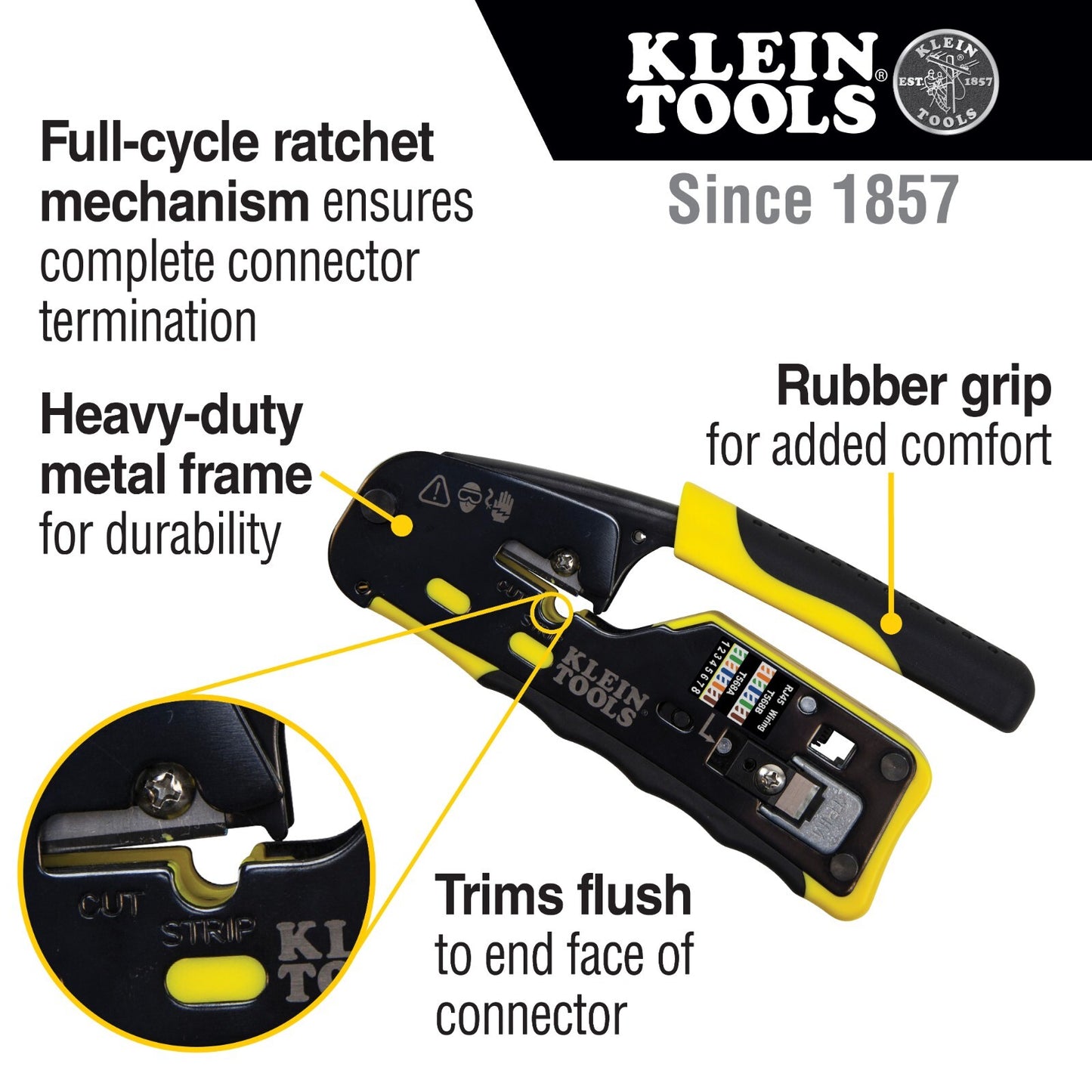 KLEIN TOOLS A-VDV226-110 Pass Thru RJ45 Racheting Compact Crimp Tool, Yellow/Blk