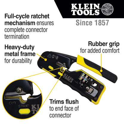 KLEIN TOOLS A-VDV226-110 Pass Thru RJ45 Racheting Compact Crimp Tool, Yellow/Blk