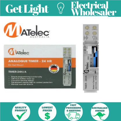 Matelec TIMER-24H/A - 16A 24hr Analogue DIN Rail Time Switch with Battery BackUp