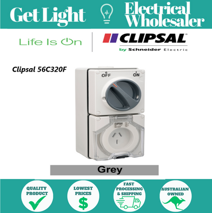 Clipsal 56C320FGY | 3 Flat Pin 20Amp Switched Socket Outlet