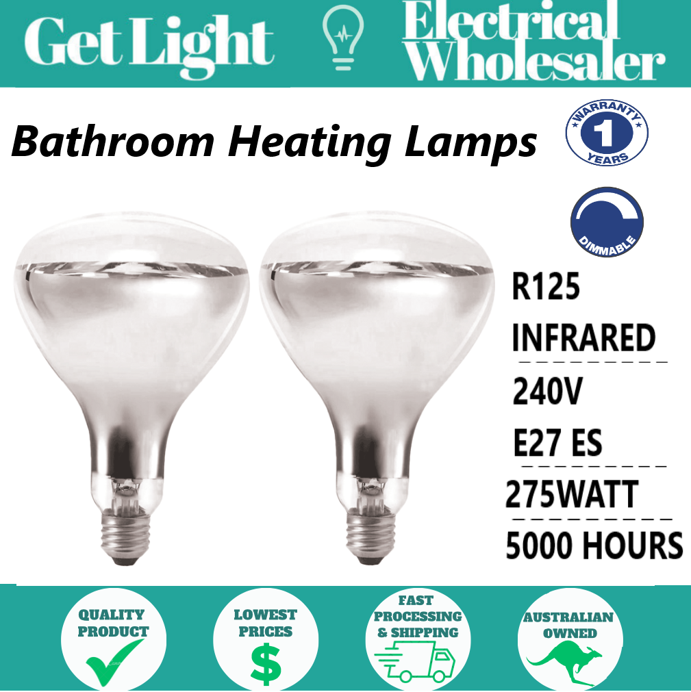 2 x Bathroom Instant Heat Lamp Globe 240V E27 275W Clear R125 Infrared Reflector