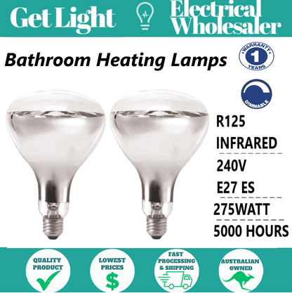 2 x Bathroom Instant Heat Lamp Globe 240V E27 275W Clear R125 Infrared Reflector