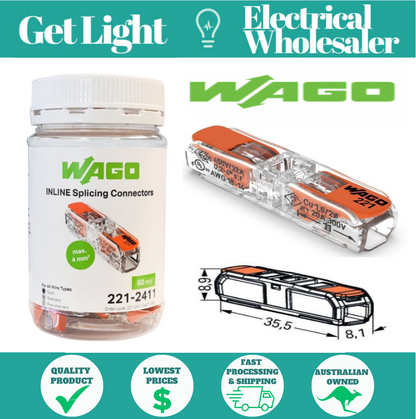 WAGO JAR  4mm Inline Compact Splicing Connector | 221-2411   60 PIECES