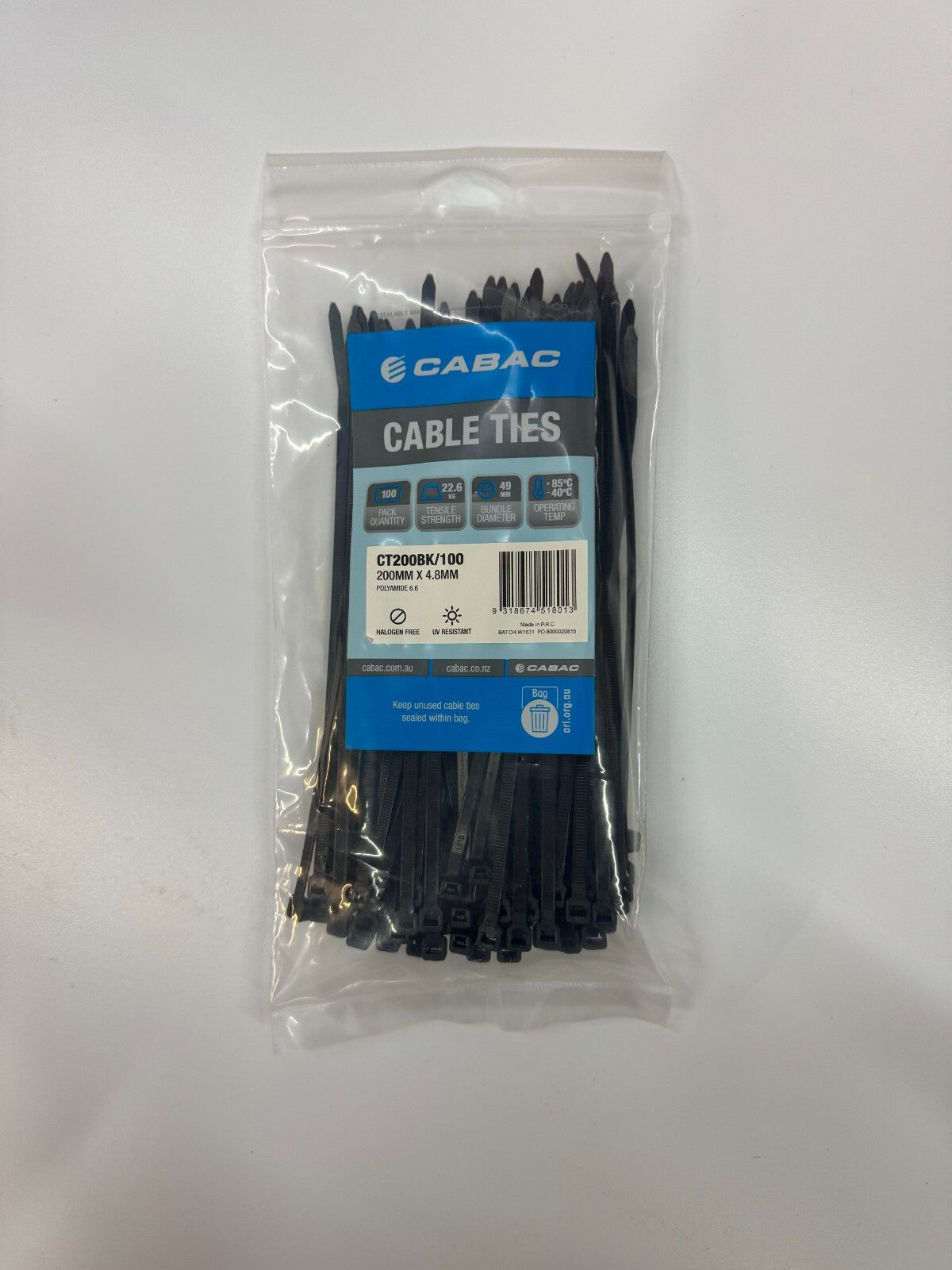 CABAC CABAC CT200BK-100 | Cable Ties 200mm x 4.8mm UV Resistant Black - 100 PACK