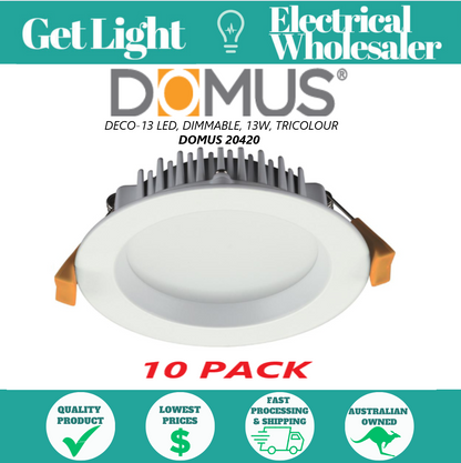 10 PACK Domus Lighting Deco Trio 13W Tri-Colour LED White Downlight - 20420-TRIO