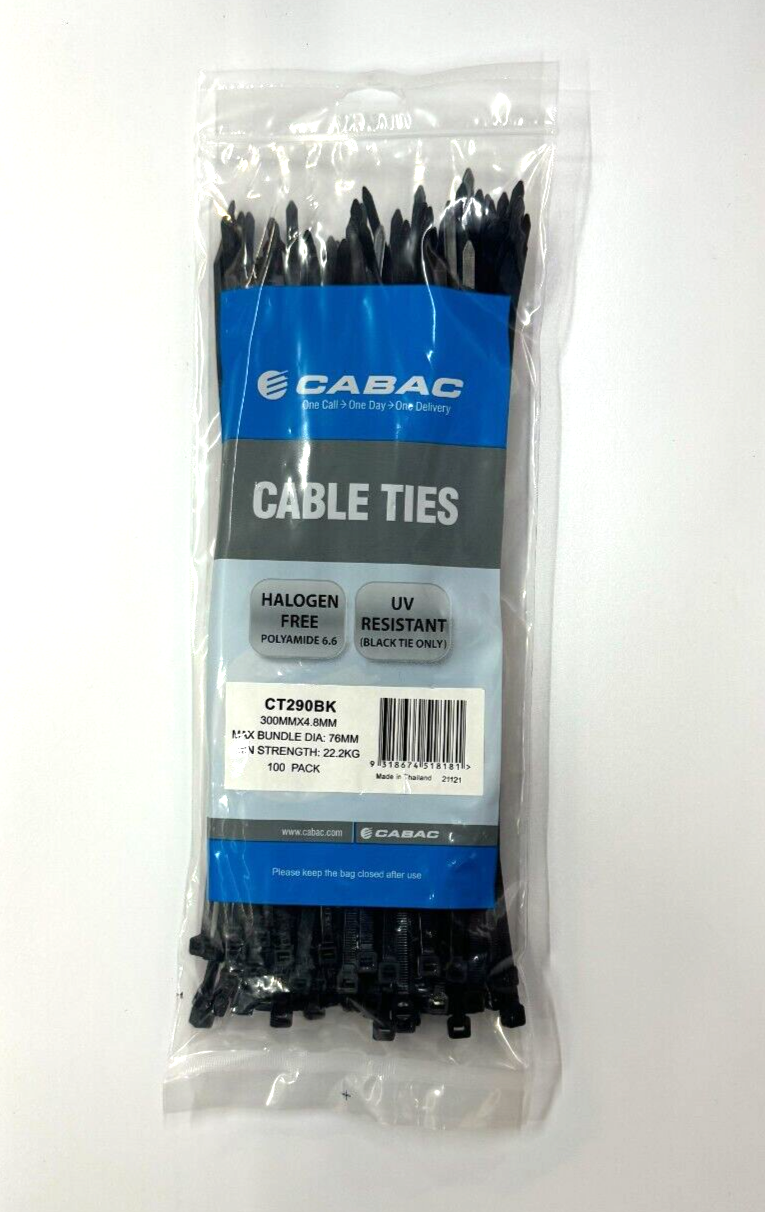 CABAC Cable Ties CT290BK | 300mm x 4.8mm UV Resistant Black (100) Pack