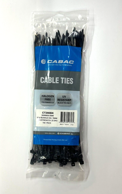 CABAC Cable Ties CT290BK | 300mm x 4.8mm UV Resistant Black (100) Pack