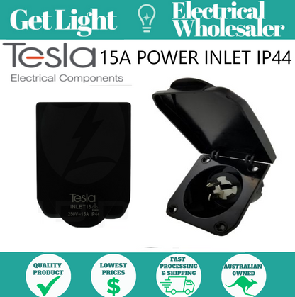 15A Power Inlet IP44 | Black | Tesla (5 Year Warranty, Australian Approved)