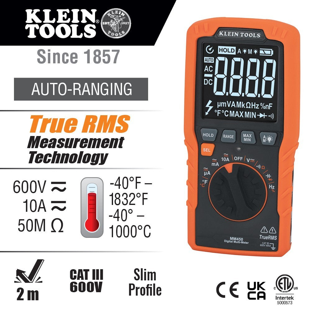 KLEIN Tools A-MM450 Slim Digital Multimeter TRMS Auto-Ranging 600V Temp