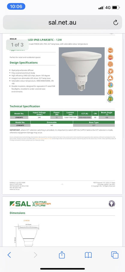 SAL LPAR38TC 12W/E27 TRICOLOR SELECT PAR IP65 LED LAMP QTY10