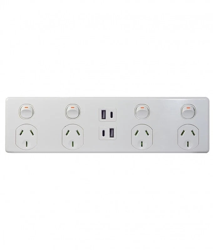 Trader Puma PU4X4AC - Power Point 4 Gang 10A 250V -  Double Pole Plus 4 USB  A&C