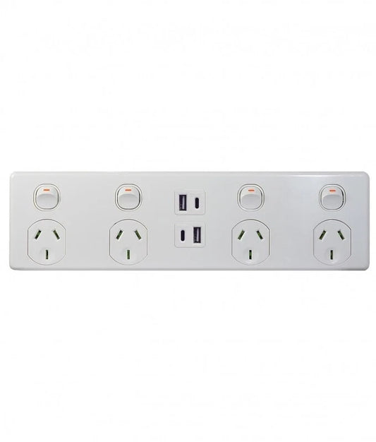 Trader Puma PU4X4AC - Power Point 4 Gang 10A 250V -  Double Pole Plus 4 USB  A&C