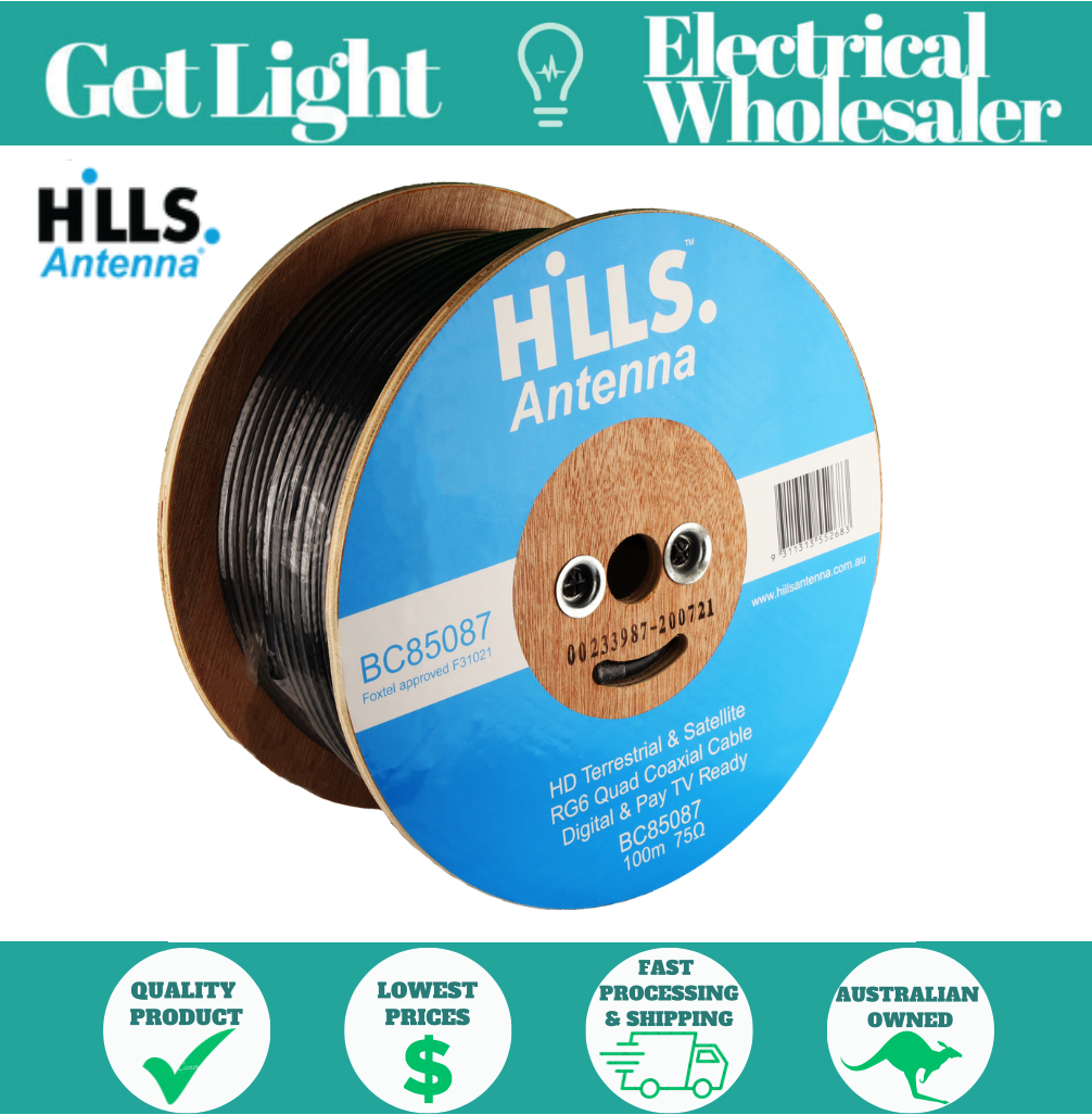 Hills RG6 100m Quad Shield 75 OHM COAX DIGITAL TV Antenna Cable Foxtel Approved