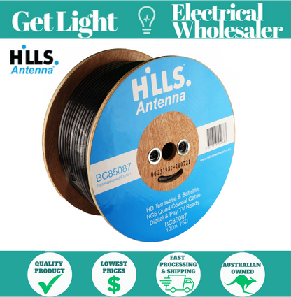 Hills RG6 100m Quad Shield 75 OHM COAX DIGITAL TV Antenna Cable Foxtel Approved
